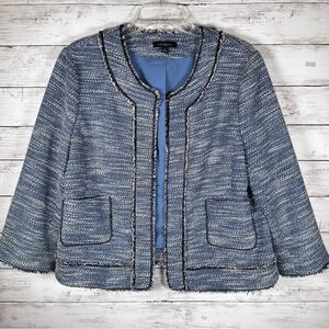 Ann Taylor Blazer Jacket Blue Woven Tweed Faux Leather Piping Pockets Lined 14